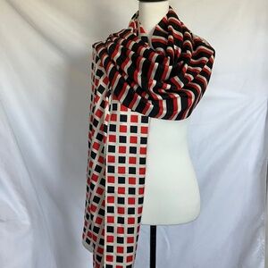 NORELL Silk Red and Black Checker and Stripe Print Fringe Hem Scarf Shawl